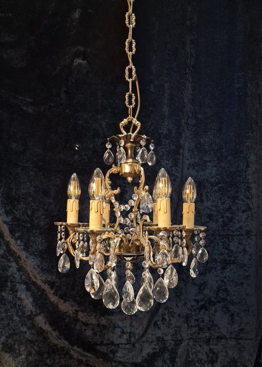 Beautiful Vintage French 6 Arm Brass Caged Crystal Chandelier Ceiling Light