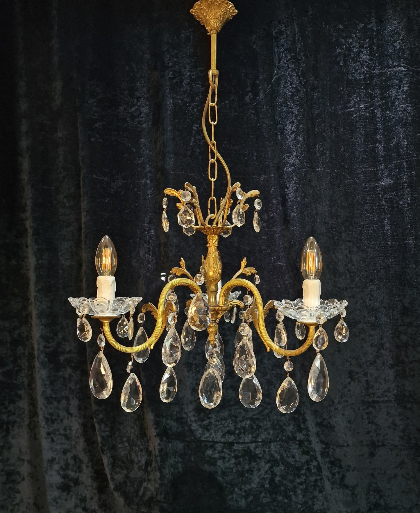 Beautiful Antique French 3 Arm Crystal Brass Leaf Chandelier Ceiling Light