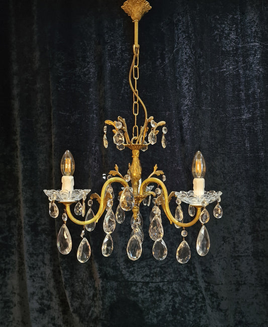 Beautiful Antique French 3 Arm Crystal Brass Leaf Chandelier Ceiling Light