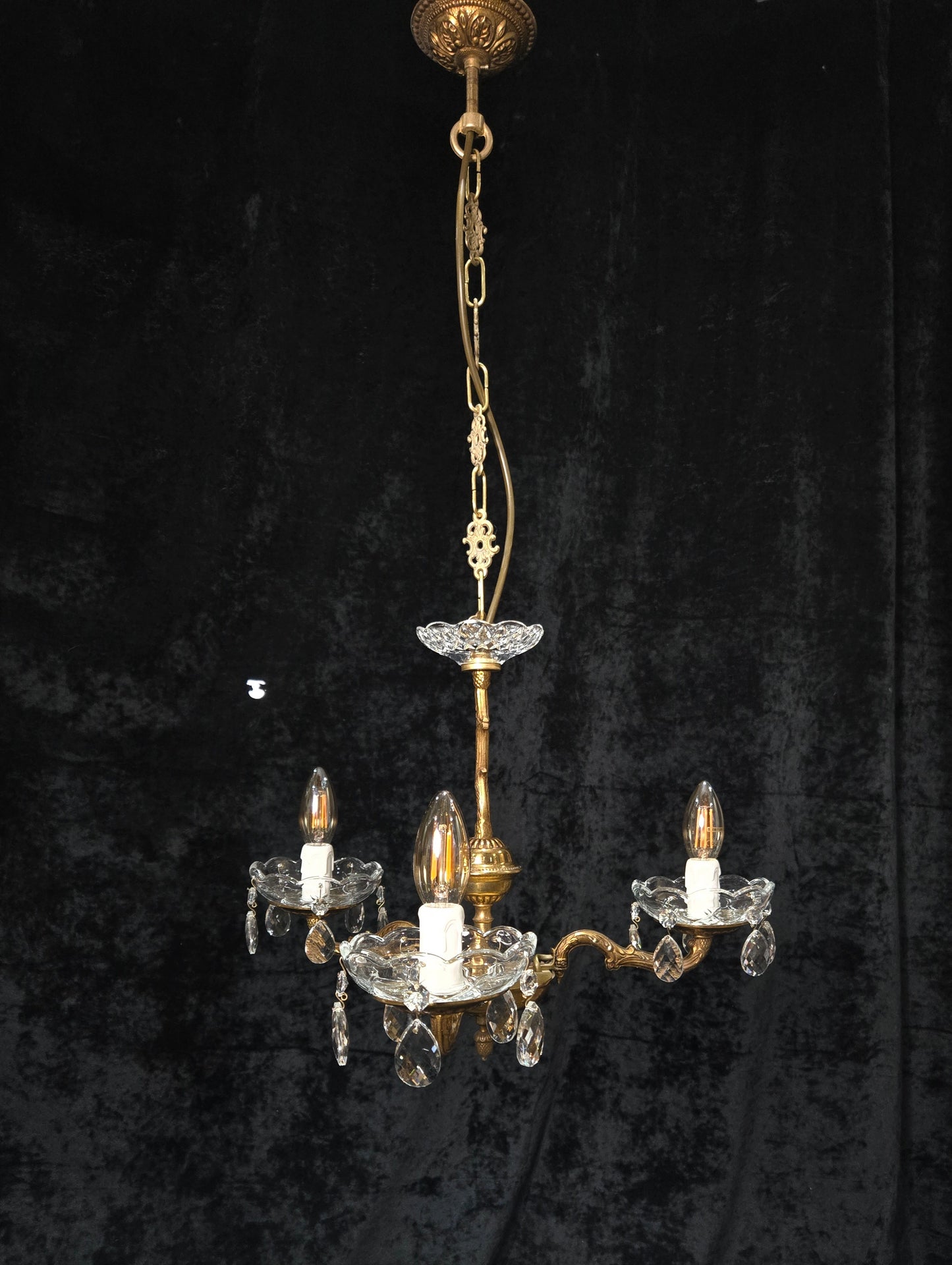 Lovely Vintage French 3 Arm Brass Foliage Crystal Chandelier Ceiling Light