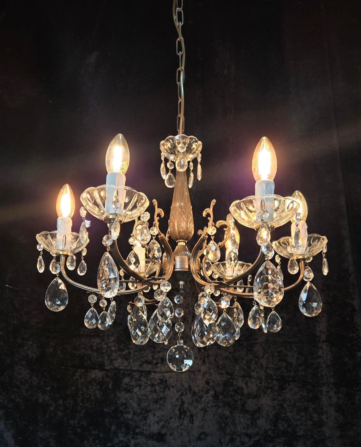 Beautiful Vintage Italian 6 Arm Brass Glass Crystal Chandelier Ceiling Light