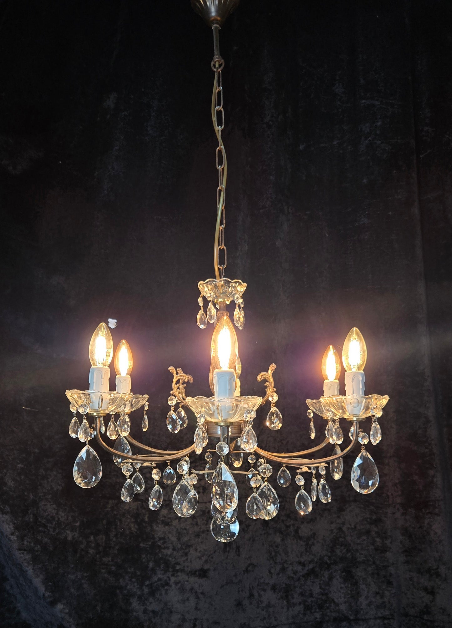 Beautiful Vintage Italian 6 Arm Brass Glass Crystal Chandelier Ceiling Light