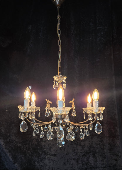 Beautiful Vintage Italian 6 Arm Brass Glass Crystal Chandelier Ceiling Light