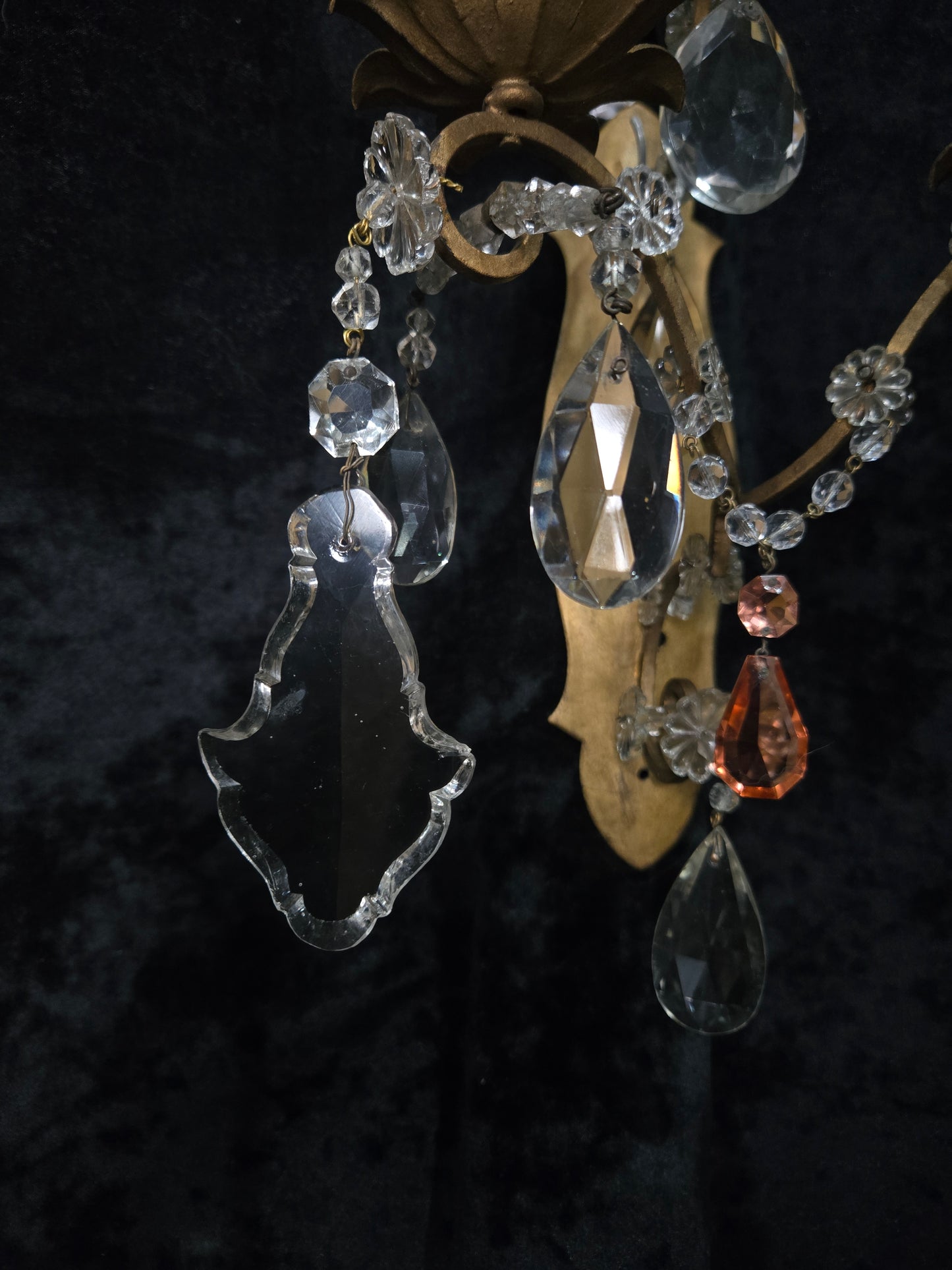 Fabulous Pair Vintage Italian 2 Arm Gilded Wrought Iron Crystal Candle Sconces
