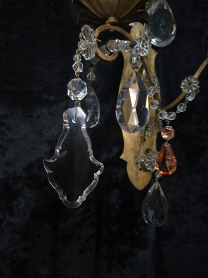 Fabulous Pair Vintage Italian 2 Arm Gilded Wrought Iron Crystal Candle Sconces