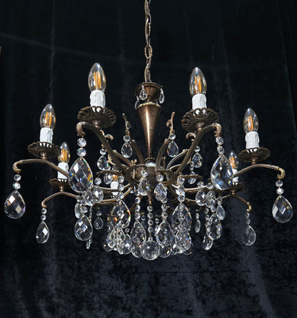 Gorgeous Vintage Italian 8 Arm Crystal Brass Leaf Chandelier Ceiling Light