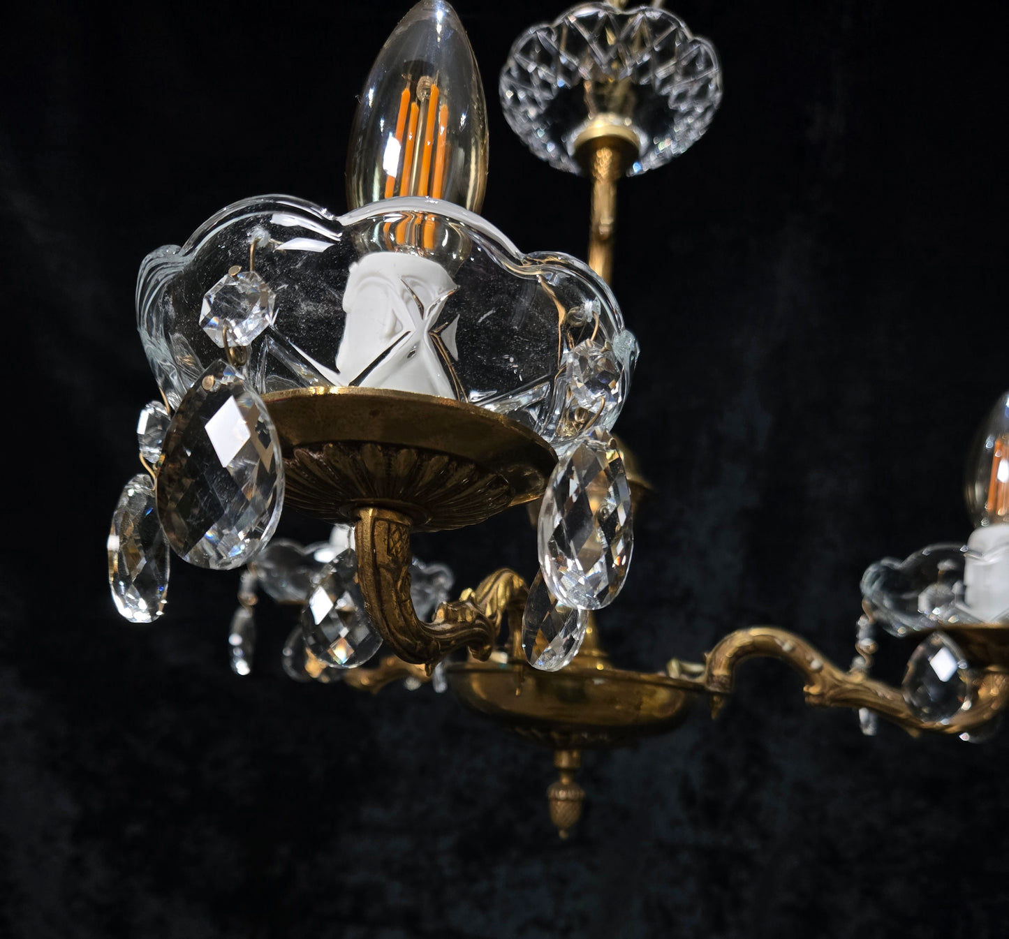Lovely Vintage French 3 Arm Brass Foliage Crystal Chandelier Ceiling Light