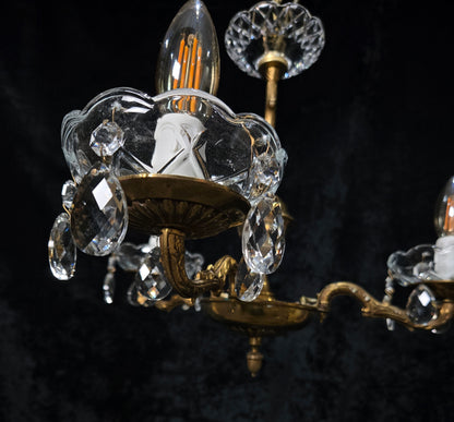 Lovely Vintage French 3 Arm Brass Foliage Crystal Chandelier Ceiling Light