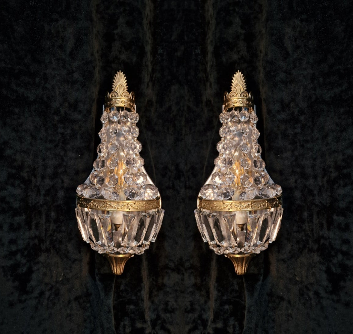 Gorgeous Pair of Vintage French Brass Crystal Montgolfiere Sconces Wall Lights