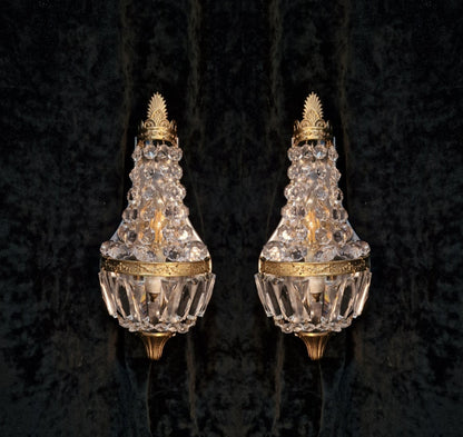 Gorgeous Pair of Vintage French Brass Crystal Montgolfiere Sconces Wall Lights