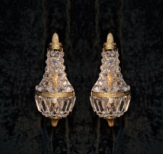 Gorgeous Pair of Vintage French Brass Crystal Montgolfiere Sconces Wall Lights