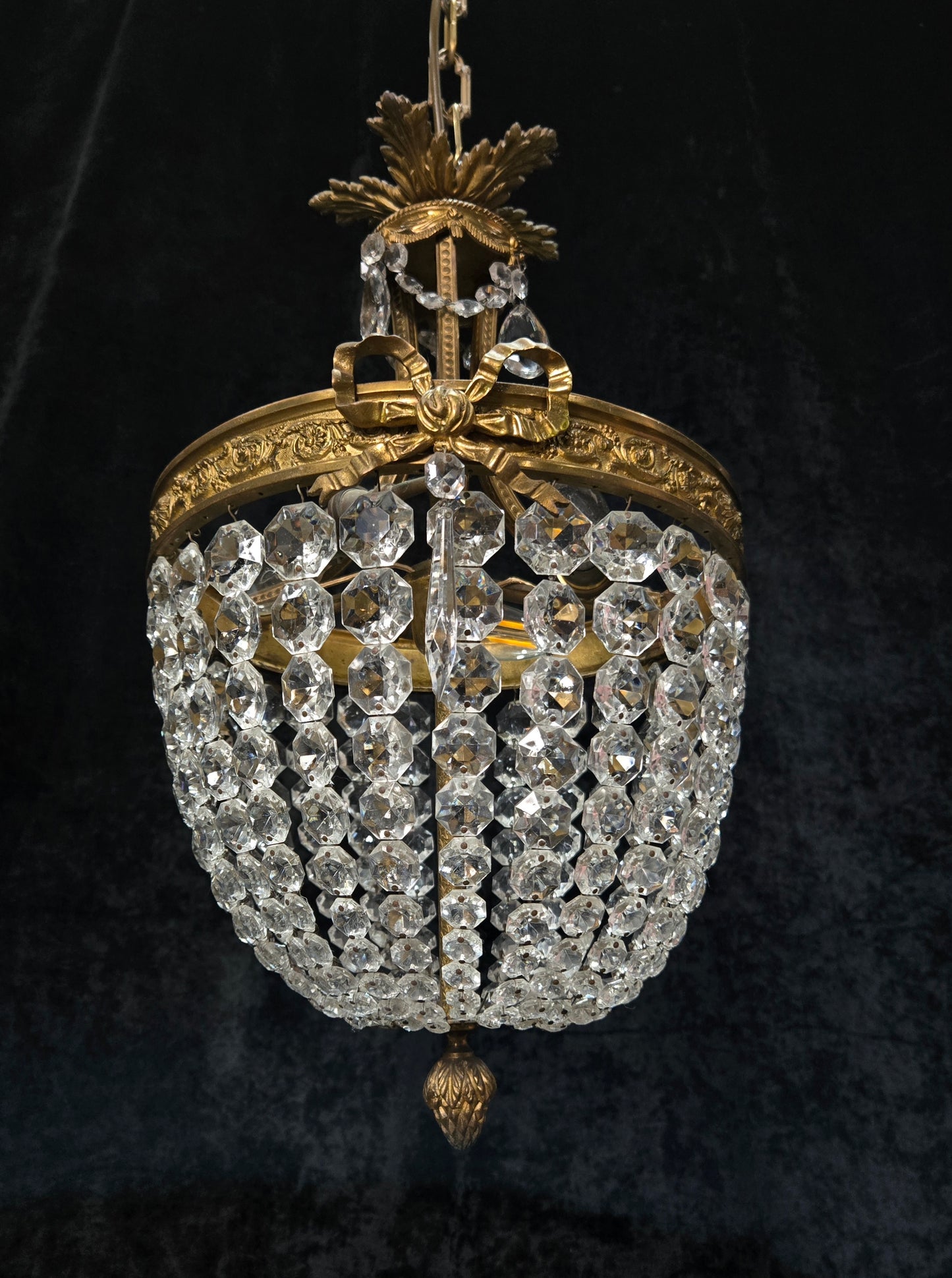 Traditional Antique French 3 Light Brass Bronze Crystal Empire Chandelier