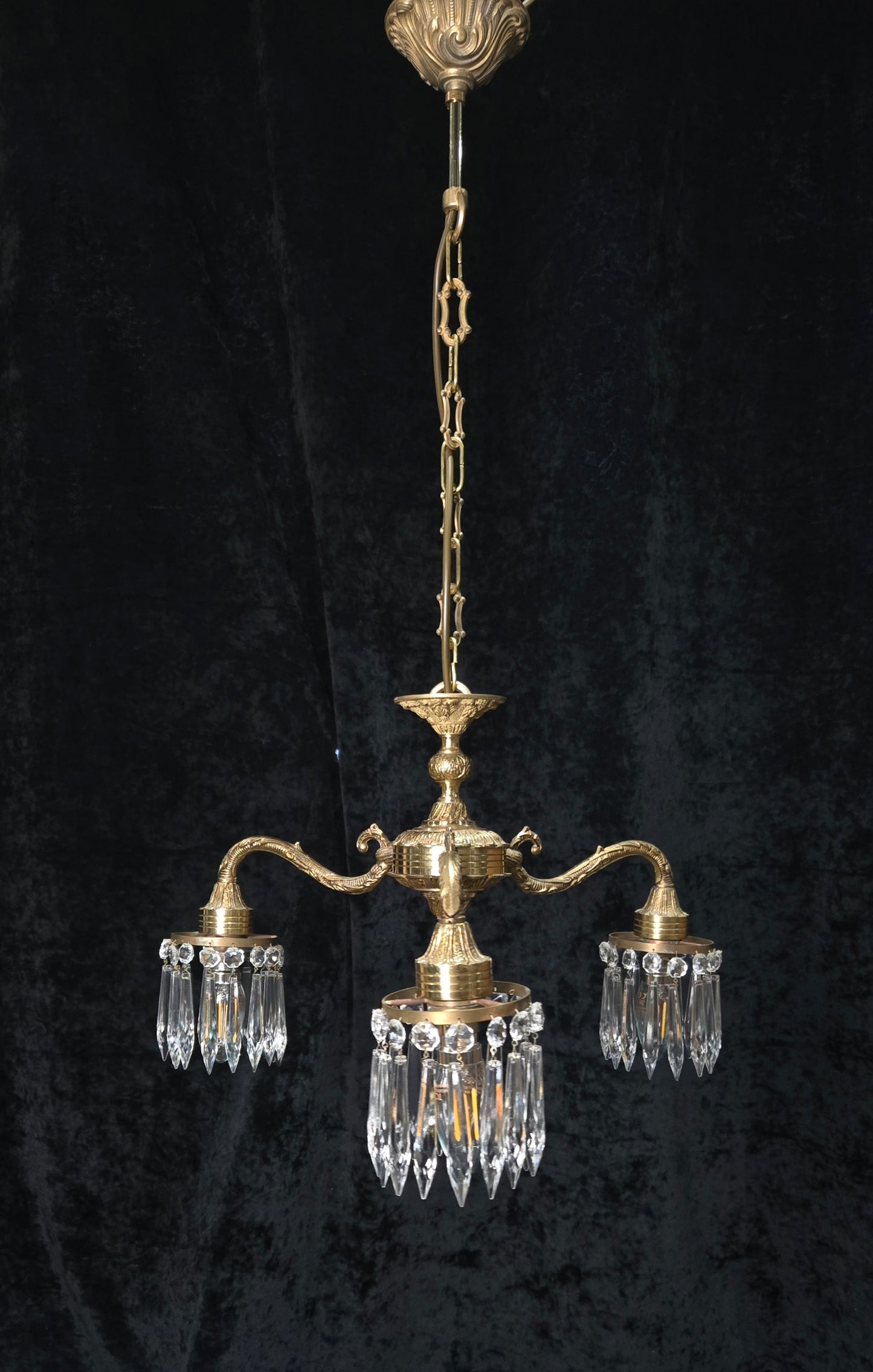 Lovely Vintage Italian 3 Arm Brass Crystal Chandelier Ceiling Light