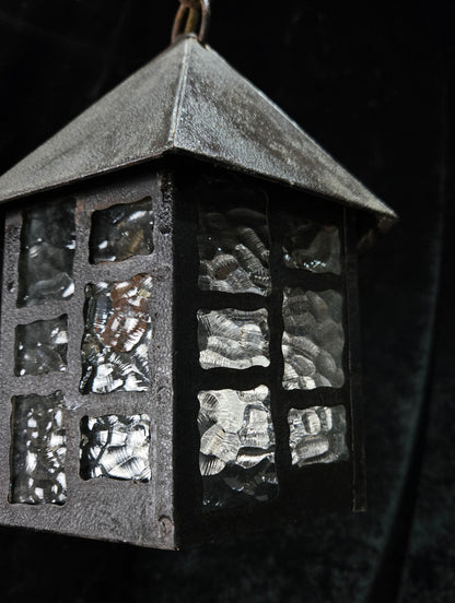 Lovely Vintage French Wrought Iron Gothic Lantern Light with Textured Glass