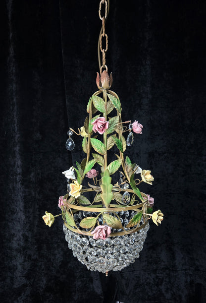 Beautiful Vintage Florentine Italian 1 Light Crystal Roses Toleware Chandelier