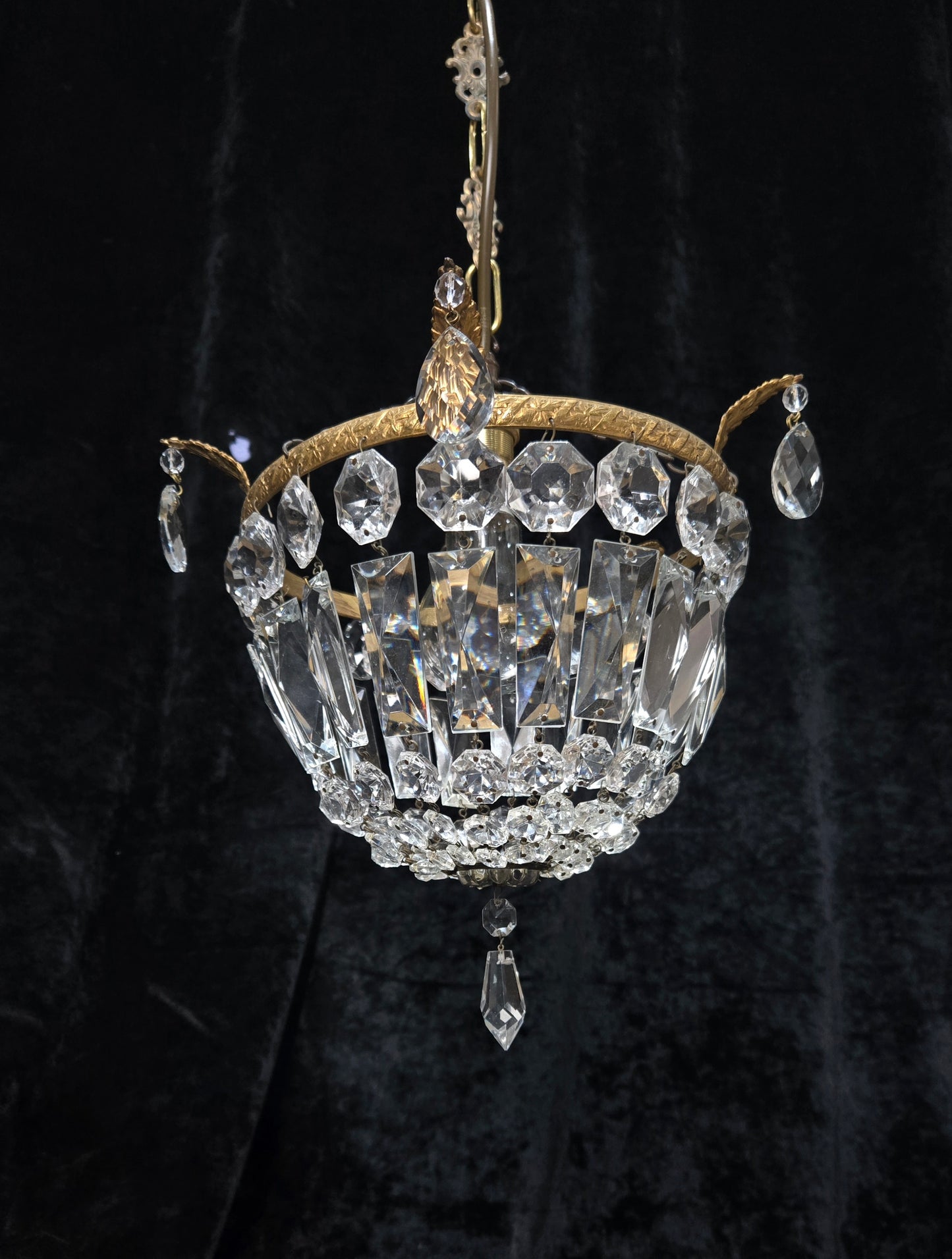 Beautiful Antique French Crystal Half Bag Brass Leaf Chandelier Ceiling Light