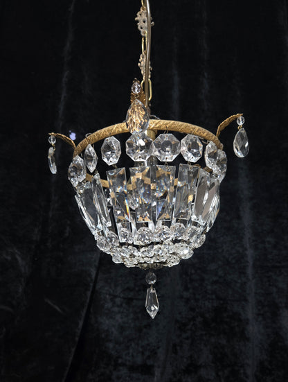 Beautiful Antique French Crystal Half Bag Brass Leaf Chandelier Ceiling Light