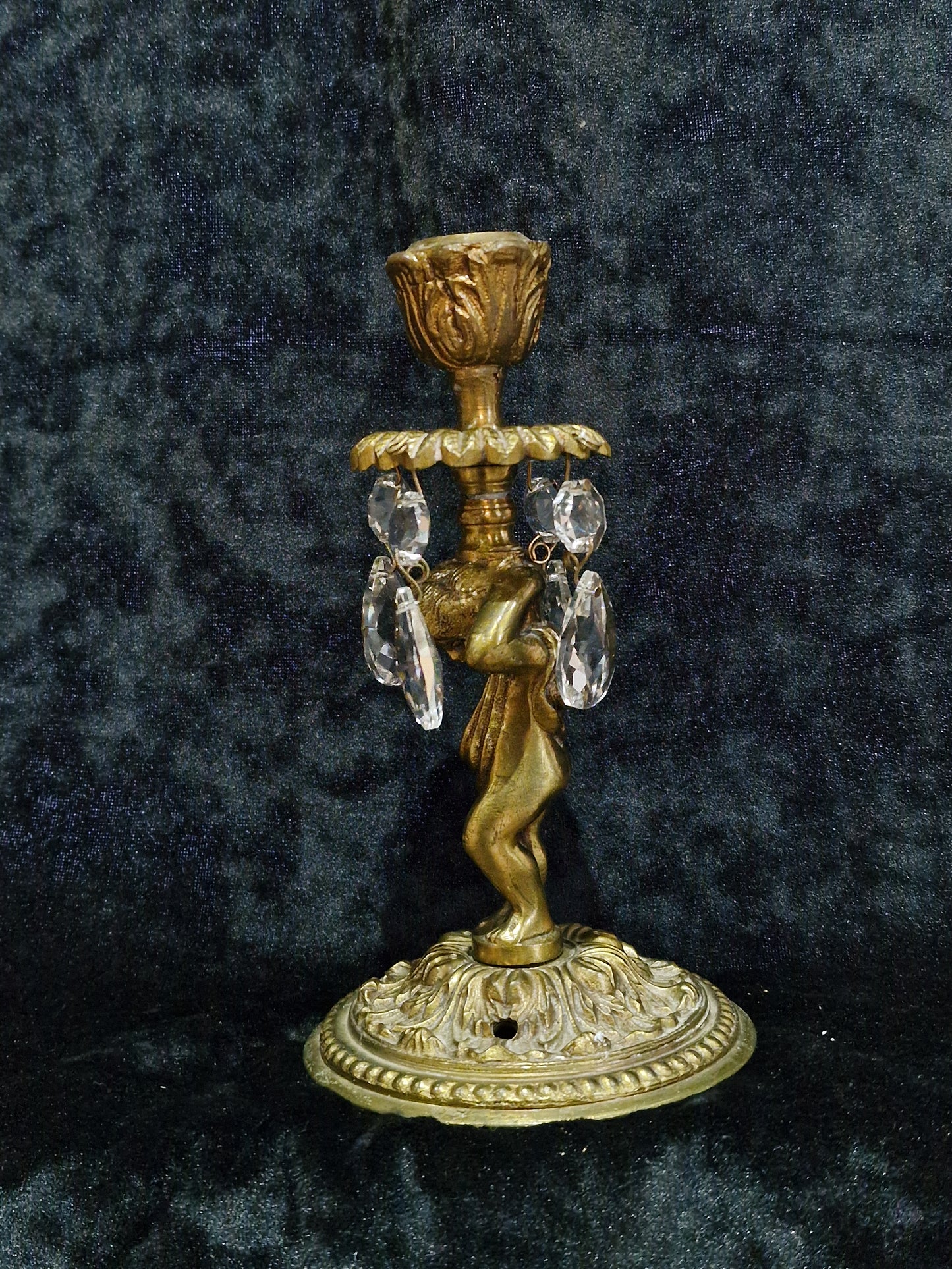 Lovely Pair of Vintage French Solid Brass Crystal Cherub Candlesticks