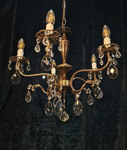 Beautiful Vintage Italian 5 Arm Brass Crystal Chandelier Ceiling Light
