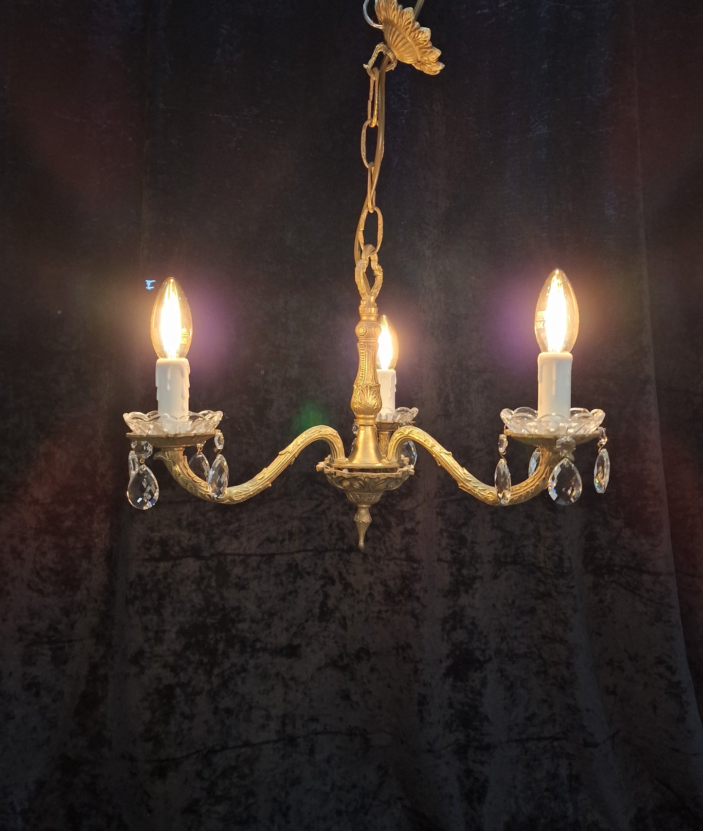 Lovely Vintage French Gilded Crystal Glass 3 Arm Chandelier Light