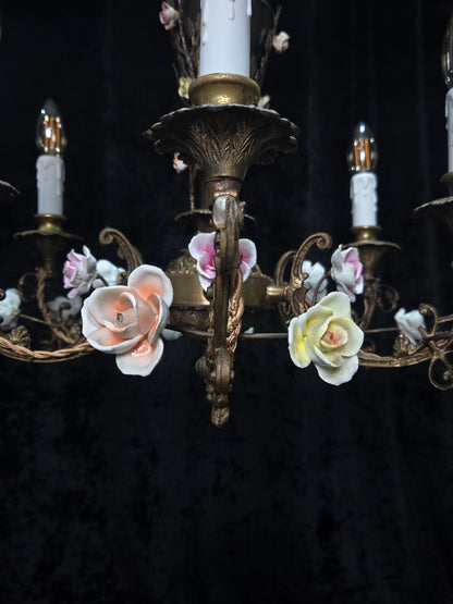 Fabulous Vintage Italian 6 Arm Brass Florentine Flower Roses Chandelier Light