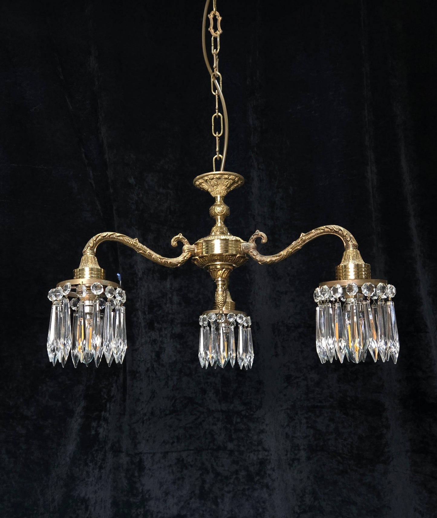 Lovely Vintage Italian 3 Arm Brass Crystal Chandelier Ceiling Light