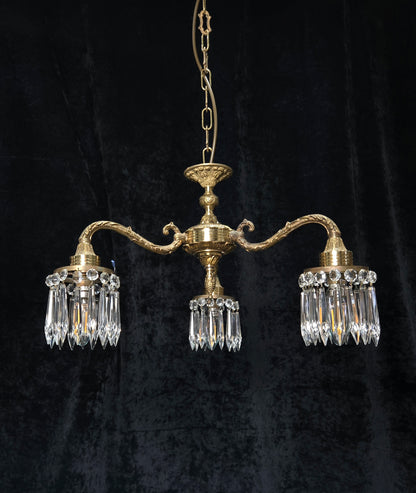 Lovely Vintage Italian 3 Arm Brass Crystal Chandelier Ceiling Light