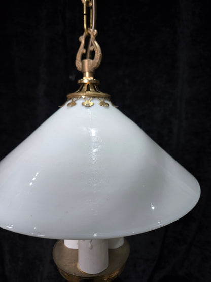 Unique Vintage Milk Glass Brass Bouillotte Oil Lamp Style 3 Light Chandelier