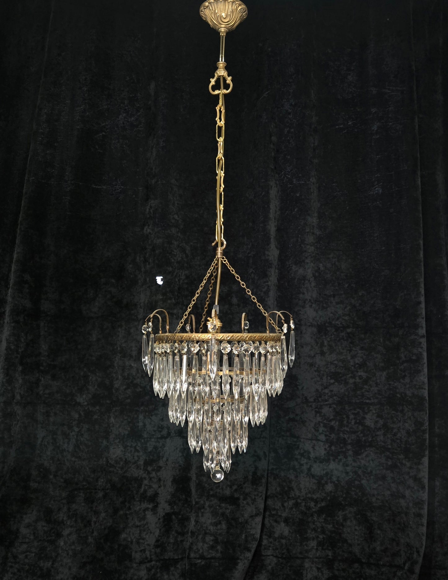 Fabulous Antique French Brass 4 Tier Waterfall Crystal Chandelier Ceiling Light