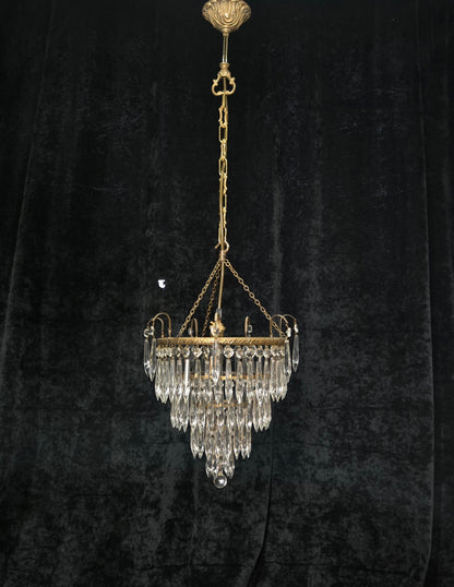 Fabulous Antique French Brass 4 Tier Waterfall Crystal Chandelier Ceiling Light
