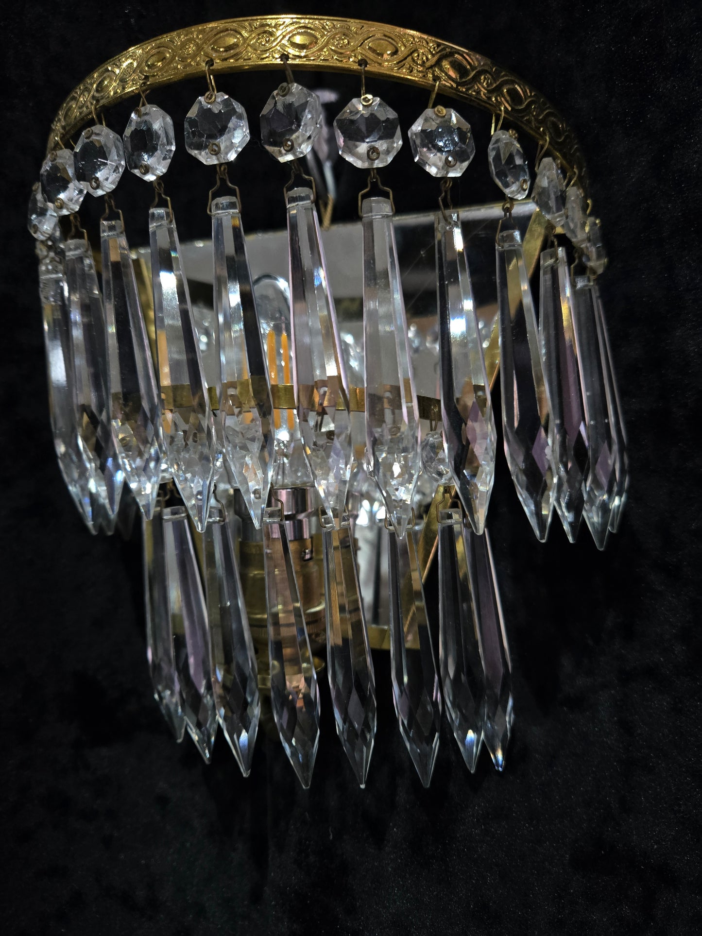 Lovely Pair Antique French 1 Light Crystal Brass Waterfall Mirror Wall Sconces