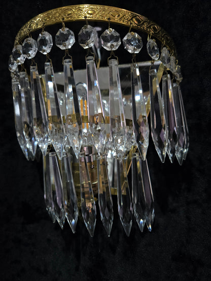 Lovely Pair Antique French 1 Light Crystal Brass Waterfall Mirror Wall Sconces