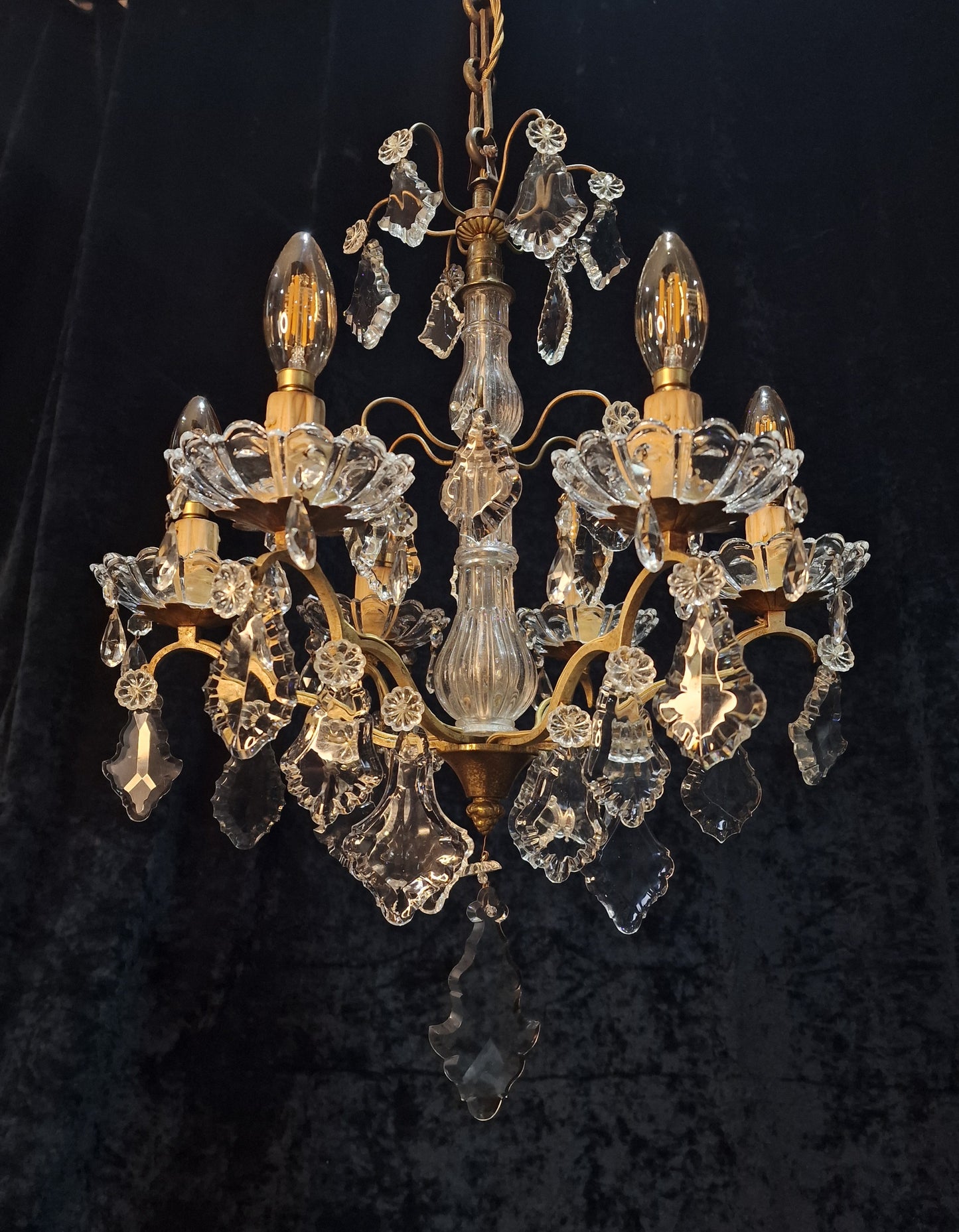 Gorgeous Antique French 6 Arm 2 Tier Brass and Crystal Chandelier Ceiling Light