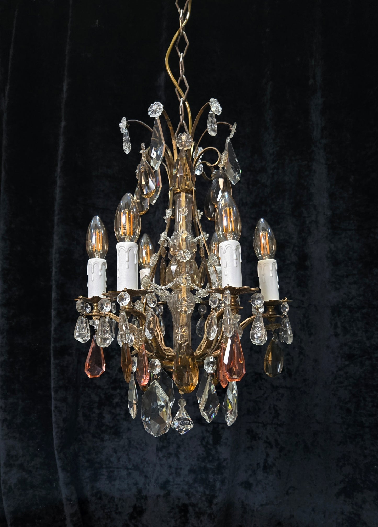 Beautiful Antique Italian 6 Arm Brass Crystal Cage Chandelier Ceiling Light
