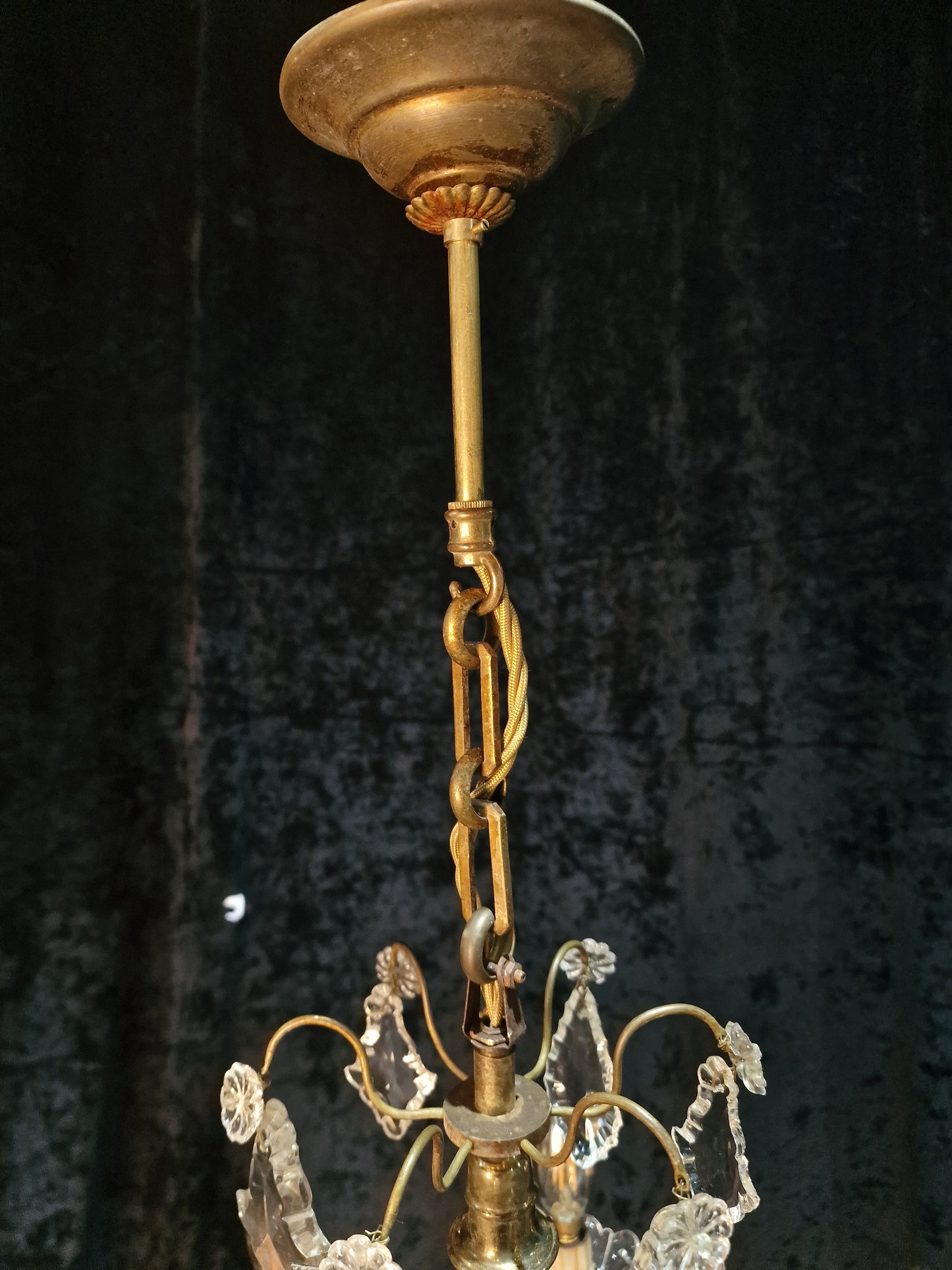 Gorgeous Antique French 6 Arm 2 Tier Brass and Crystal Chandelier Ceiling Light