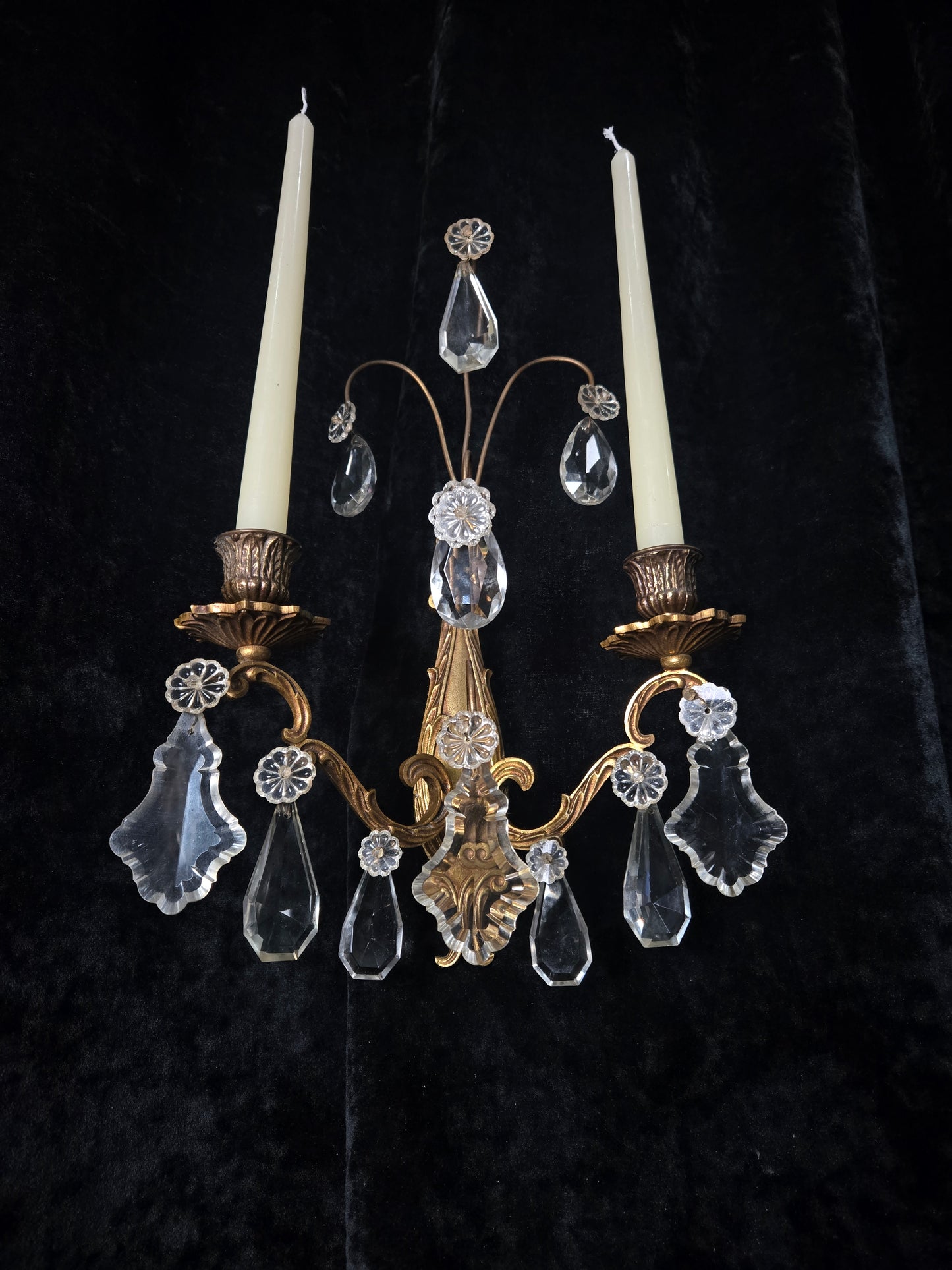 Beautiful Pair Antique French Gilt Bronze Brass 2 Arm Crystal Candle Wall Lights
