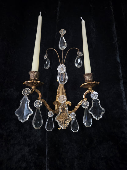Beautiful Pair Antique French Gilt Bronze Brass 2 Arm Crystal Candle Wall Lights