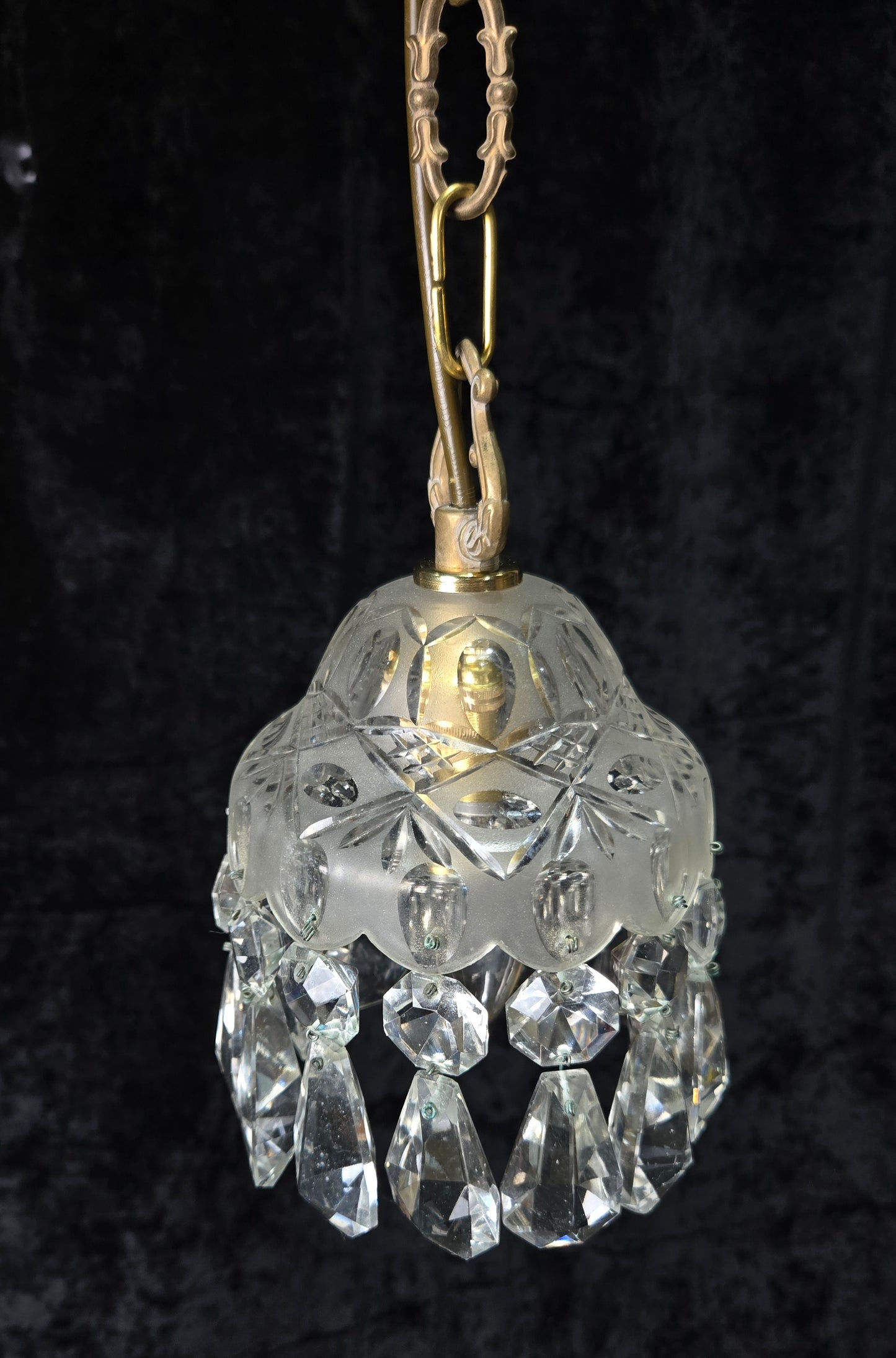 Beautiful Petite Cut Glass Crystal Antique Shade Brass Pendant Light Chandelier