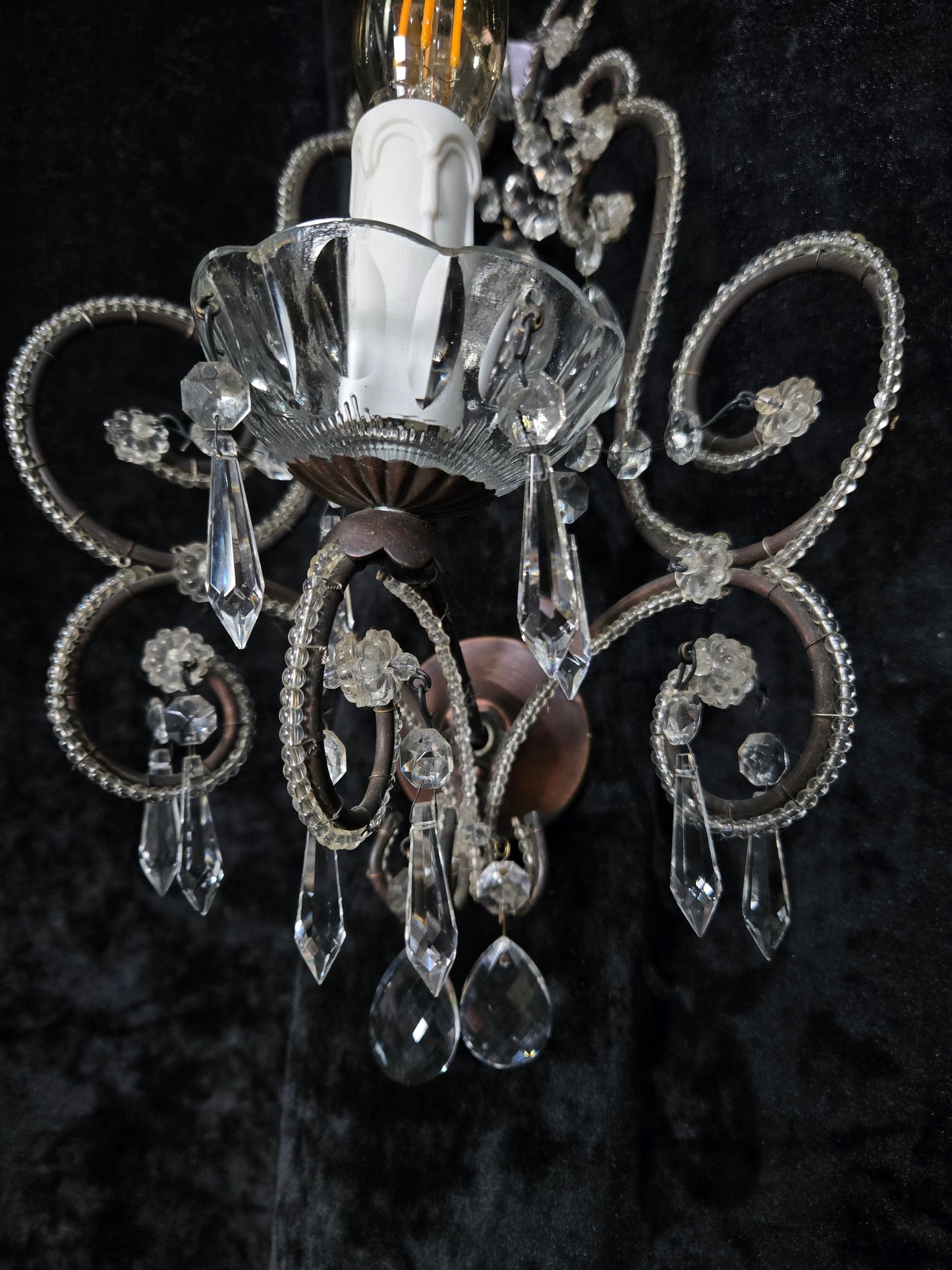 Elegant Pair Vintage Italian Venetian Style Crystal Glass and Iron Wall Lights