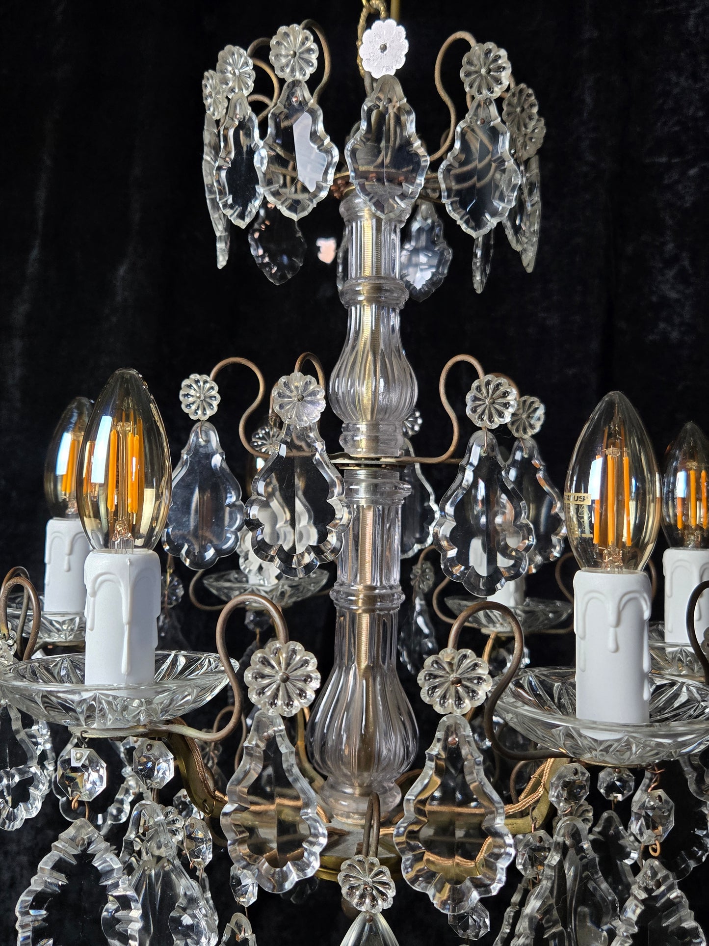 Fabulous Heavy Antique French 6 Arm Bronze Tiered Crystal Chandelier Light