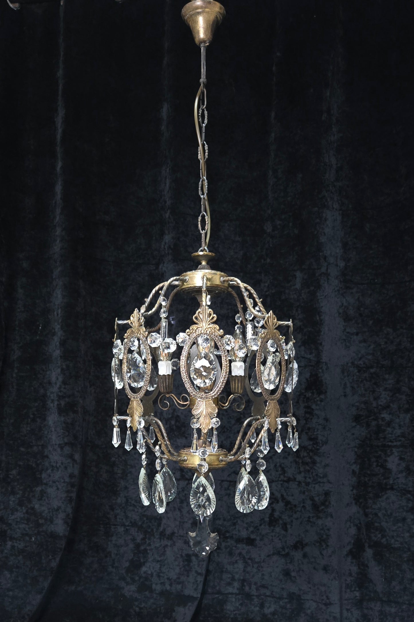 Elegant Vintage Italian Large 3 Arm Cage Crystal Brass Chandelier Ceiling Light