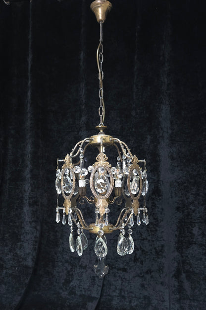 Elegant Vintage Italian Large 3 Arm Cage Crystal Brass Chandelier Ceiling Light