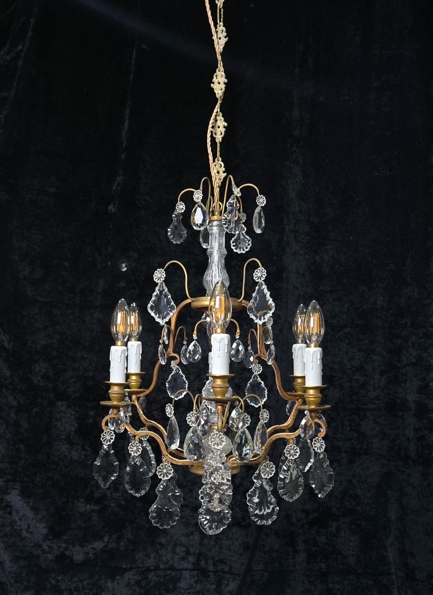 Stunning Antique French 6 Arm Cage Bronze Crystal Chandelier Ceiling Light