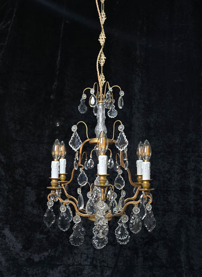 Stunning Antique French 6 Arm Cage Bronze Crystal Chandelier Ceiling Light