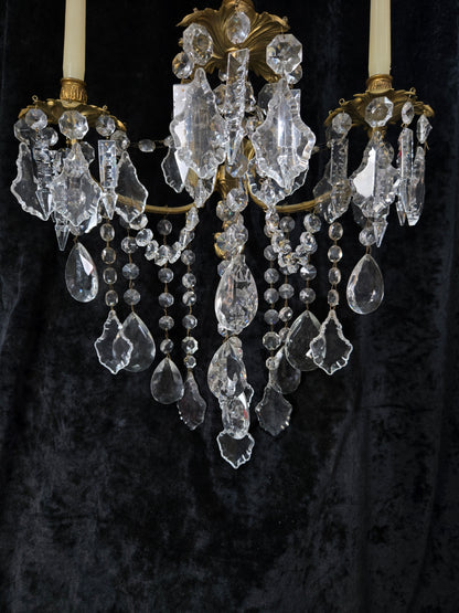 Superb Pair Large Vintage Italian Gilded Brass 3 Arm Candle Crystal Wall Lights