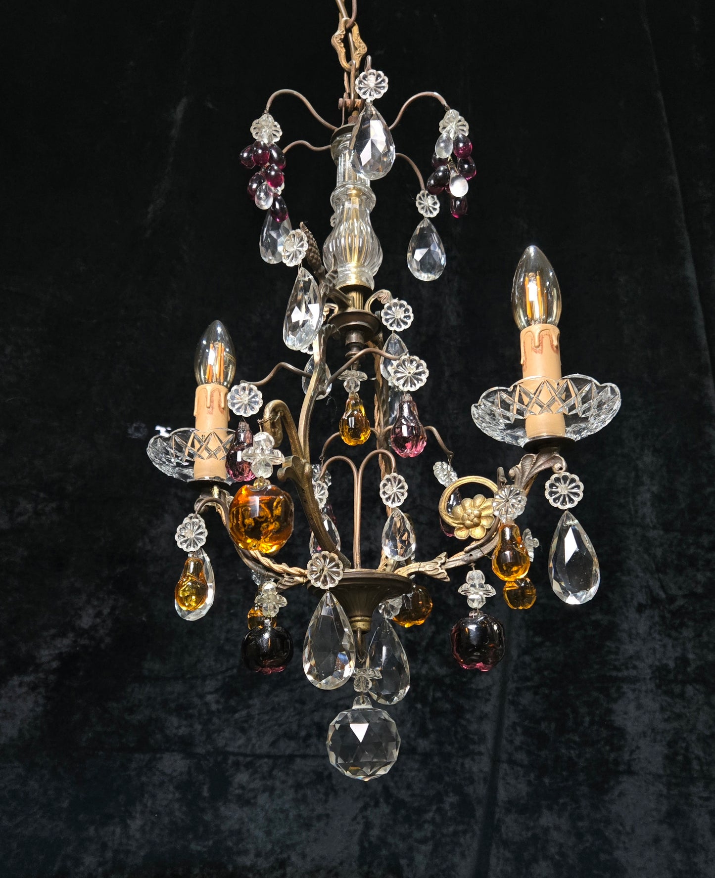 Exquisite Antique French 2 Arm Caged Murano Crystal Brass Chandelier Light