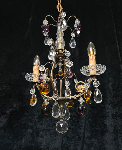Exquisite Antique French 2 Arm Caged Murano Crystal Brass Chandelier Light