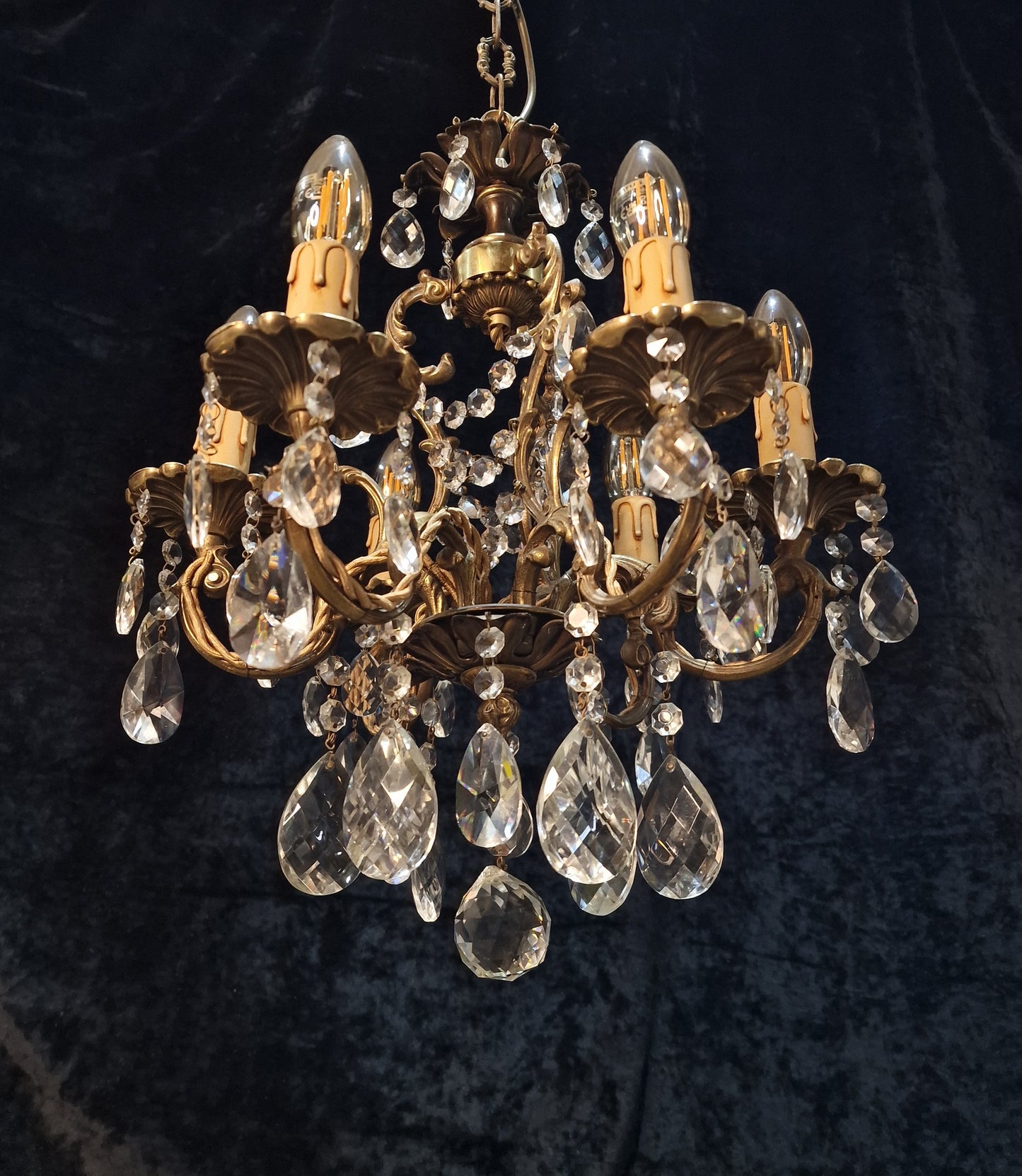 Beautiful Vintage French 6 Arm Brass Caged Crystal Chandelier Ceiling Light