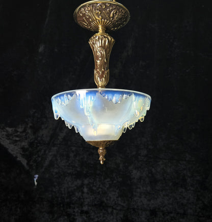 Unique Vintage 3 Light Brass EZAN Vaseline Glass Flush Ceiling Pendant Lantern