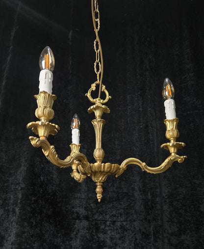 Traditional Antique French Solid Brass 3 Arm Rococo Style Chandelier Light